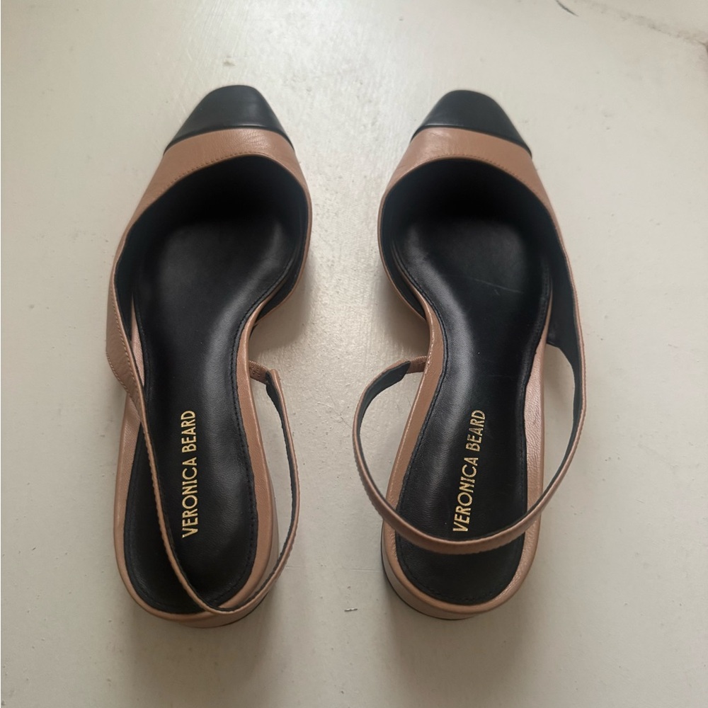Veronica Beard Tan and Black Pointed-Toe Slingback Flats - Picture 8 of 15
